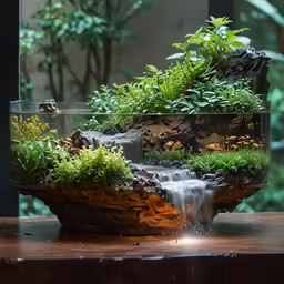 a glass aquarium with waterfall running down the bottom