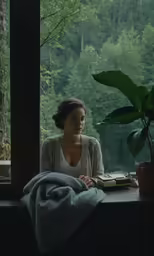 a girl sitting in a window sill in front of a tree