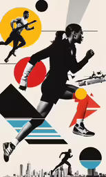 a woman running with an urban landscape and an abstract poster