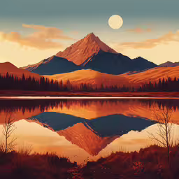 the mountains reflect in the still water as the sun sets,a mountain range sits near a lake and trees