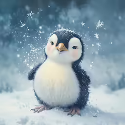 a little penguin is sitting in the snow