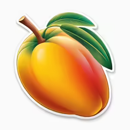 a sticker of a peach with green leaves on it