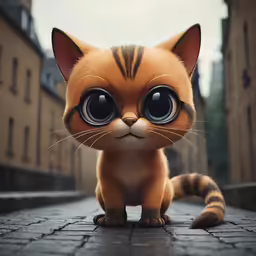 a very cute cat on a sidewalk in a city