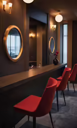 two red chairs are near an empty bar