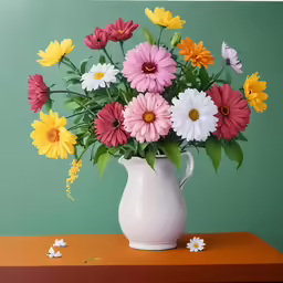 a white pitcher holding a bouquet of multi colored flowers