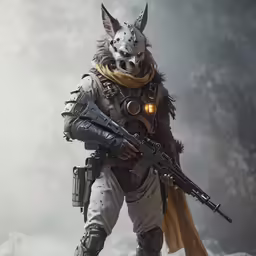 the character is holding his rifle and wearing a mask