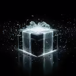a big shiny gift box filled with presents on black background