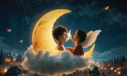 two children sit on a cloud and look at the moon