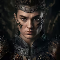 man with large black horns and black makeup looks down