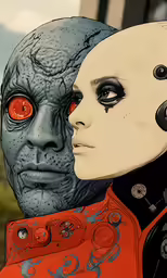 the woman is next to the man with the robot head