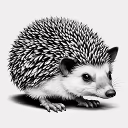 the black and white image shows an hedgehog with long spikes