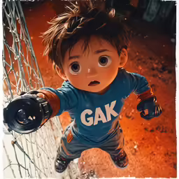 an animated child with ball and glove ready to get into the net