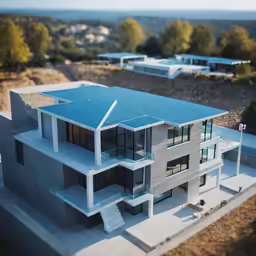 an aerial view of a home with three floors and windows