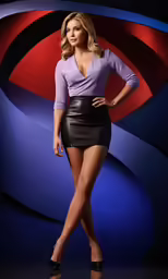 the beautiful woman is posing in front of a blue and red backdrop