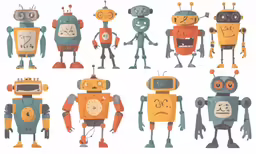 a collection of robot figures that are all different colors