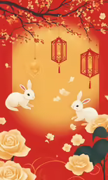 a couple of white rabbits sitting on top of a bench under a tree