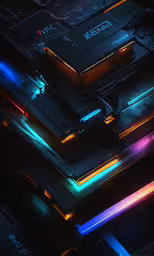 a black laptop has glowing and colored lights on the back,some neon lights are glowing in different colors