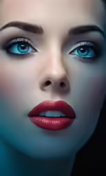 a woman with blue eyes and red lipstick