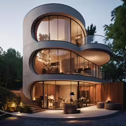 an modern circular house with a living area and stairs leading to it