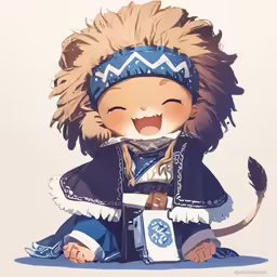 a painting of a lion cub with a blue and white hat