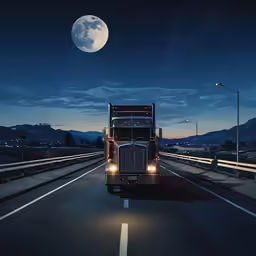 a semi truck driving down the road at night