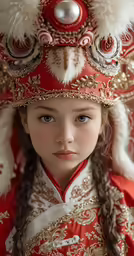 a young girl in a red and gold costume with pearls and feathered hair