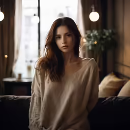 a woman wearing a sweater sitting on top of a couch