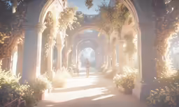 people are walking down an archway near some trees