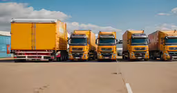 a line up of yellow trucks parked in the parking lot,a group of yellow trucks parked next to each other