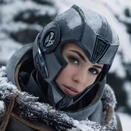 a girl with a helmet standing in snow