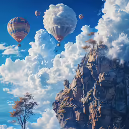 several balloons float in the sky over a mountain range