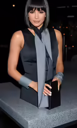 a woman sitting at a table wearing a black and gray outfit