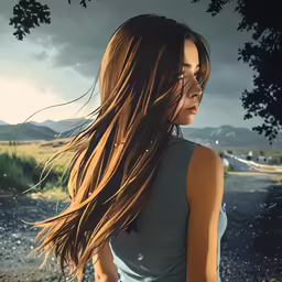 there is a woman with long, brown hair on the street