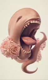 an illustration of a mouth and flowers with the head sticking out