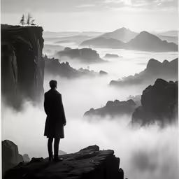 the man stands at the edge of the rocky cliff