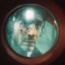 a young man in the reflection of his face looking up into a round mirror