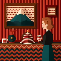 a woman stands in front of a table holding a cup