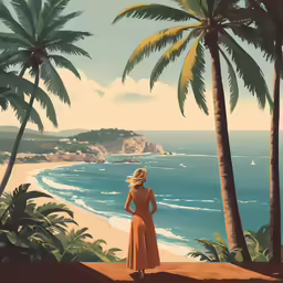 a woman wearing a tan dress stands at the top of a hill looking out to the ocean