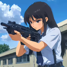 the anime girl is aiming a rifle at something