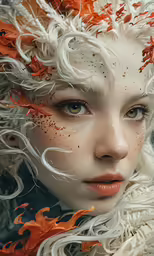 a woman with long white hair is covered in orange feathers