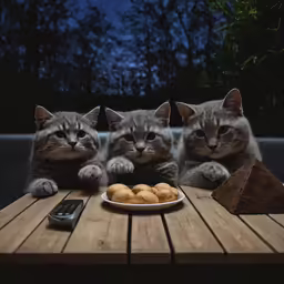 three cats sit at a wooden table together and one has a cell phone