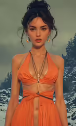 a woman in a sexy orange dress stands in front of some snowy mountains