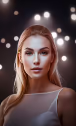 a model with golden hair and a black background