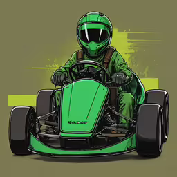 a man riding an electric go kart, painted in neon green,a green and black race car with a green helmet on