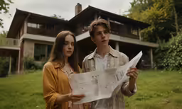 a man and woman looking at a map standing in front of a home