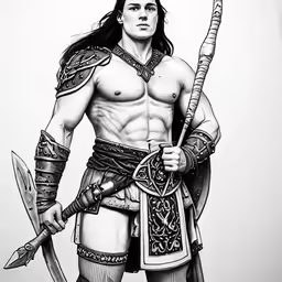 a drawing of a man with a knife and shield