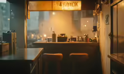 chairs line the counter of an empty restaurant