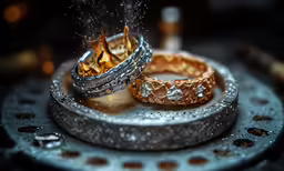 some gold and silver wedding rings on top of a surface