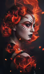 a woman with makeup is covered in fire