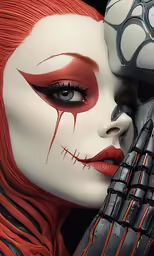 a woman with bloody red hair and makeup, with a skeleton like head